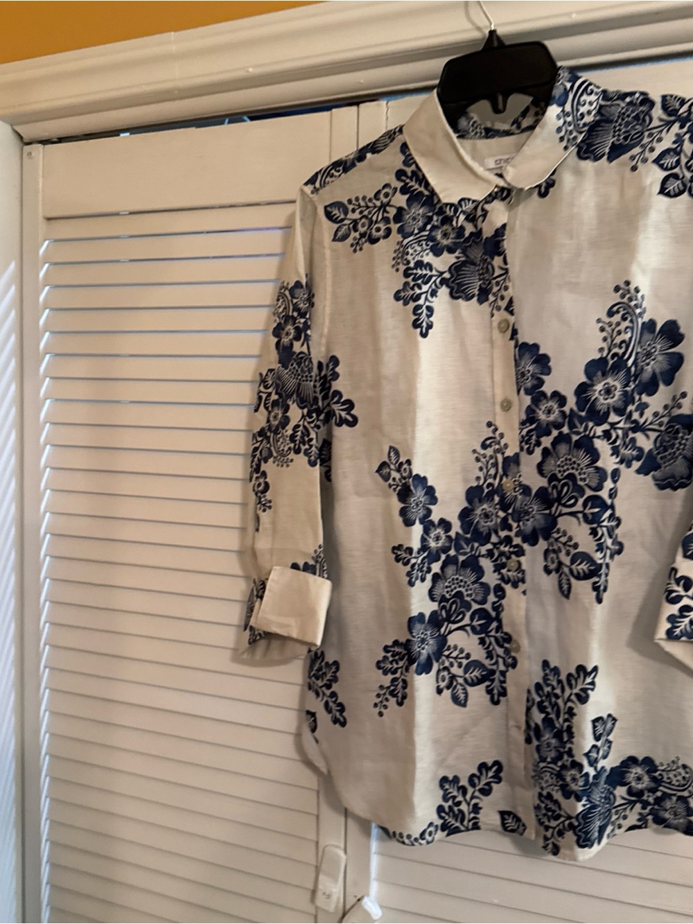 Chico's White Button-Down Shirt with Blue Floral Print